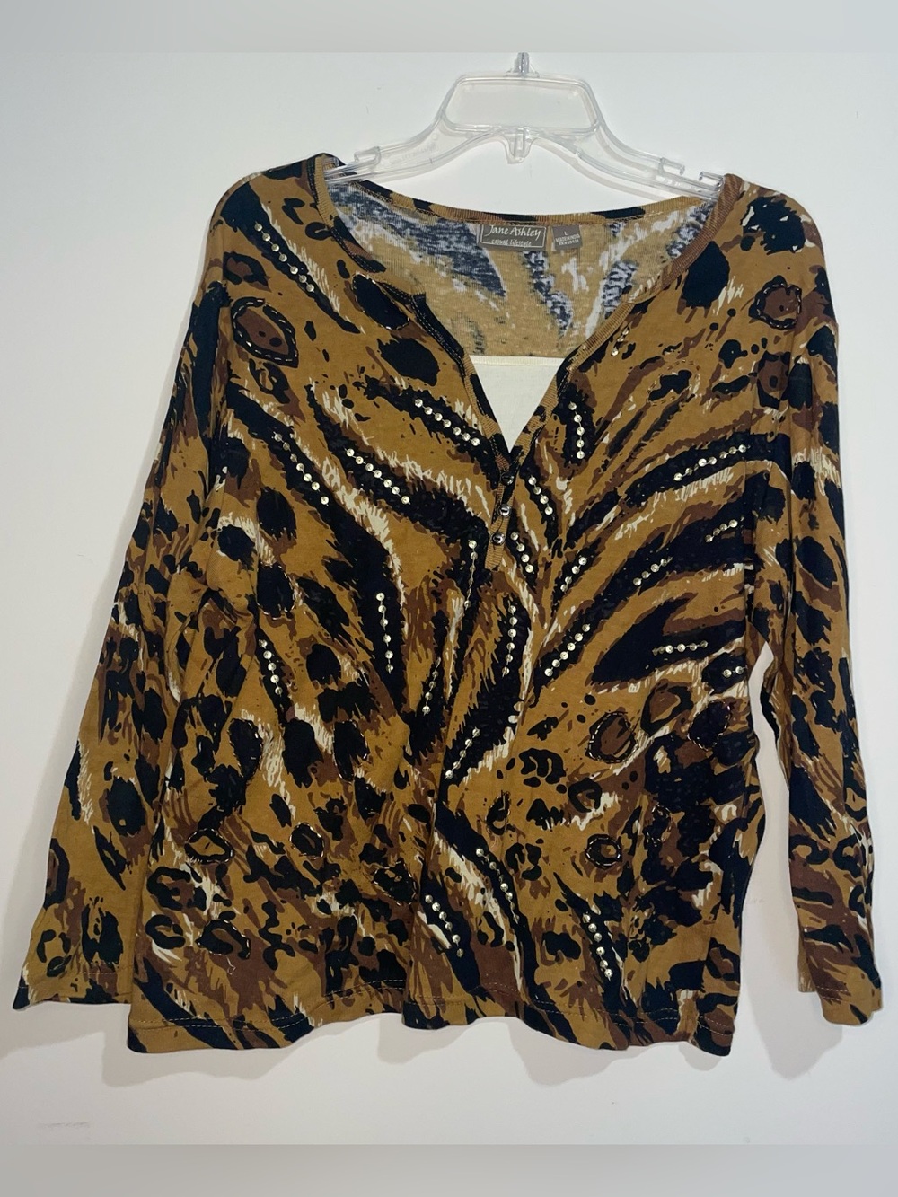 VTG Jane Ashley Brown L Cheetah Beaded Neckline Long Sleeve Top Preppy Y2K